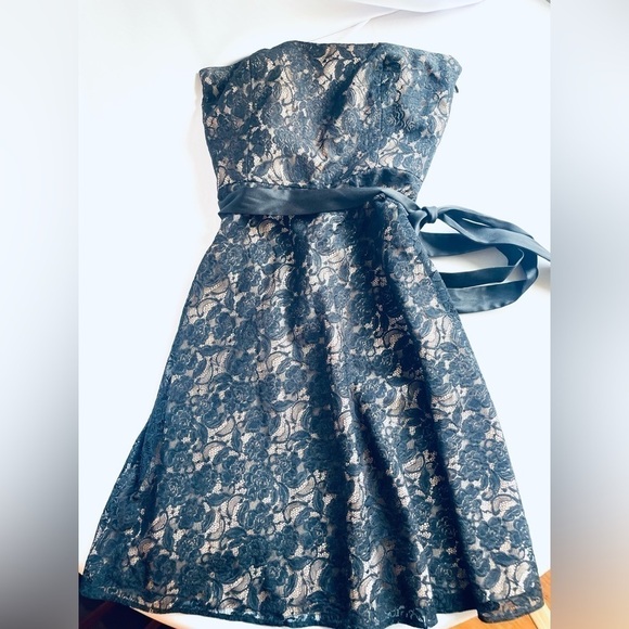 LOFT Elegant Black Lace Overlay Strapless Fit and Flare Cocktail Dress - Size 2P - Picture 8 of 14